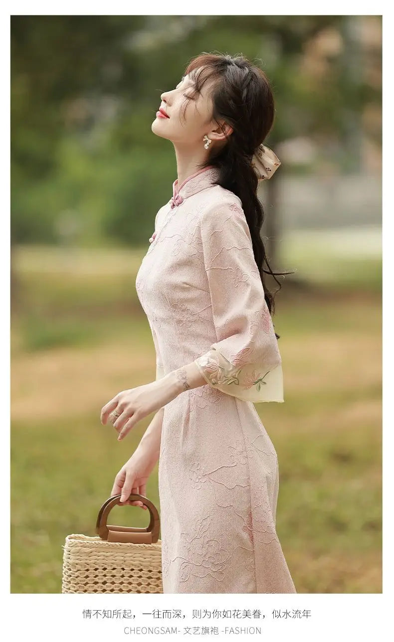 2023 New Pink Cheongsam Embroidery Lace Women Dress Vintage Long Improved Sleeve Chinese Traditional Qipao S To XXL - Seprincess