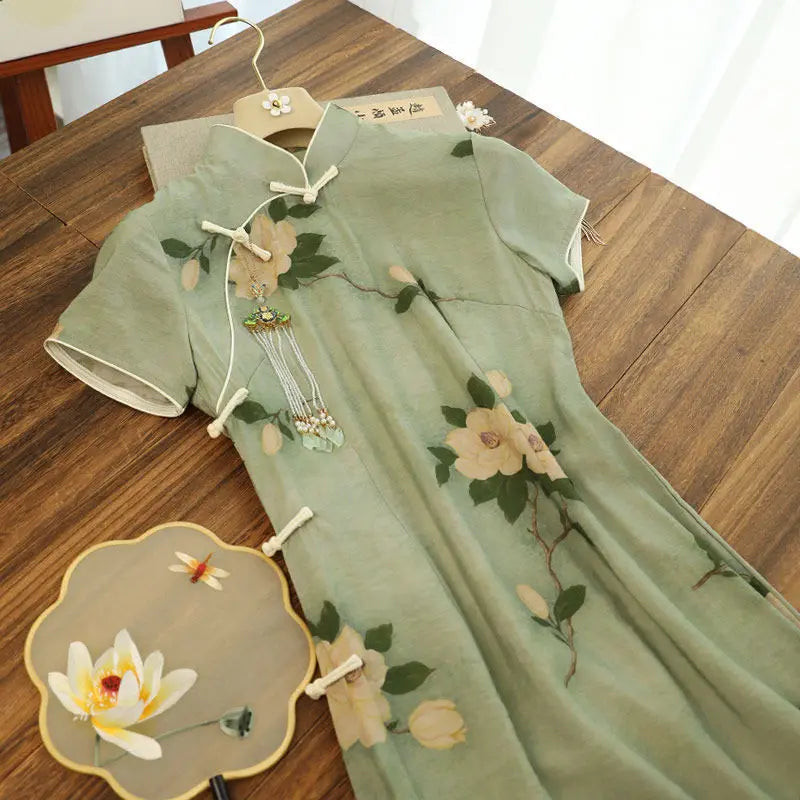 Large Size Women's Dress 2022 Summer Camellia Cheongsam Girl Chinese Traditional Short-sleeved Slim Dress Green Qipao - Seprincess