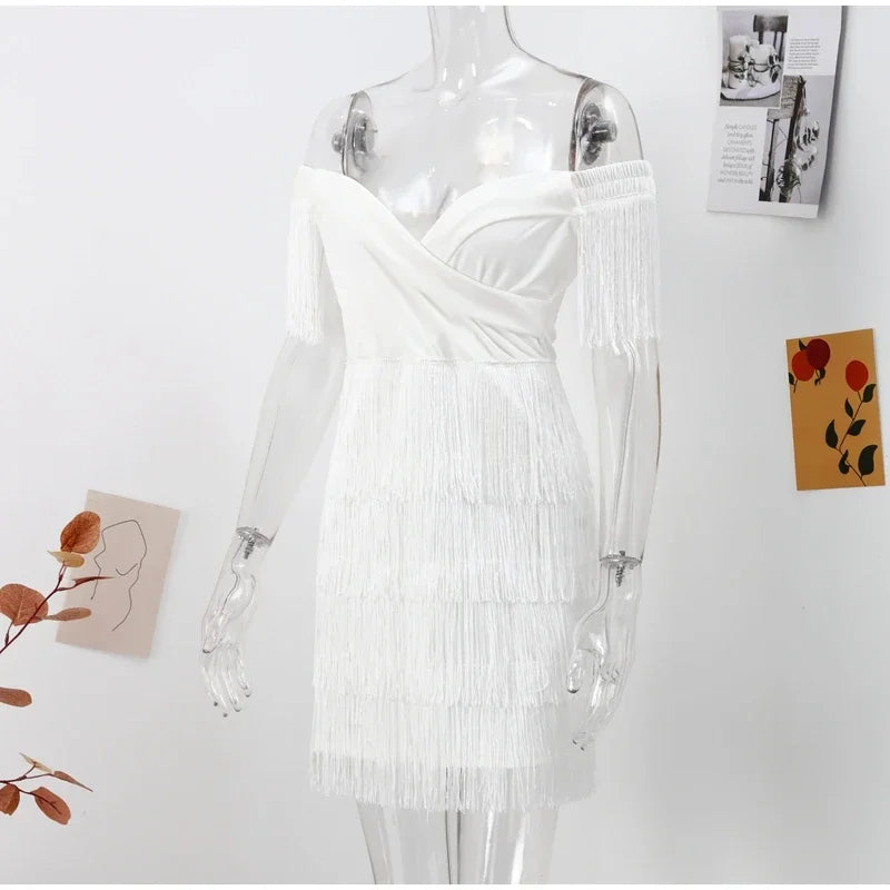 Sexy Sleeveless Bodycon Dress Women White Off Shoulder Tassel Female Short Dresses 2023 Summer Party Club Bandage - Seprincess