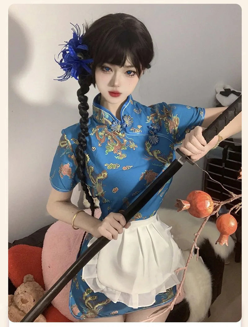 Sexy Chinese Women Cheongsam Cute Maid Role Play Outfit Apron Dress Uniform Kawaii Anime Little Chef Qipao Cosplay Costume - Seprincess