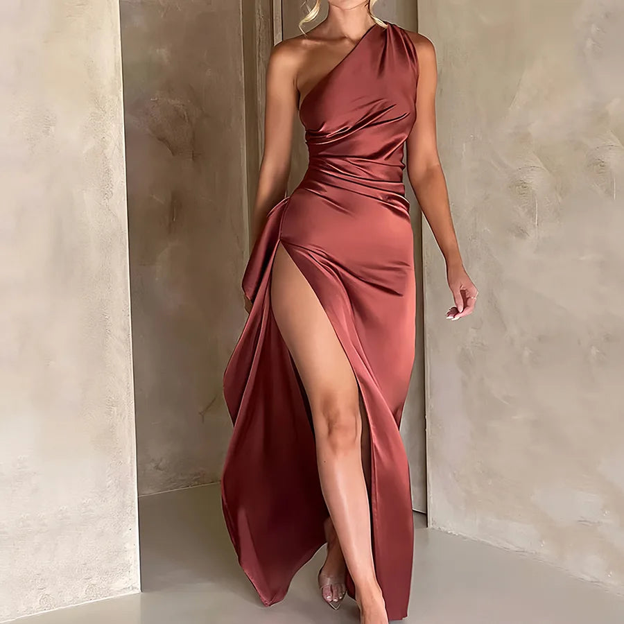 Dresses Women 2024 Summer New Style Design Sexy Sexy Slim Slanted Shoulder Slit Long Dress Women's Elegant Robe De Soiree Femme