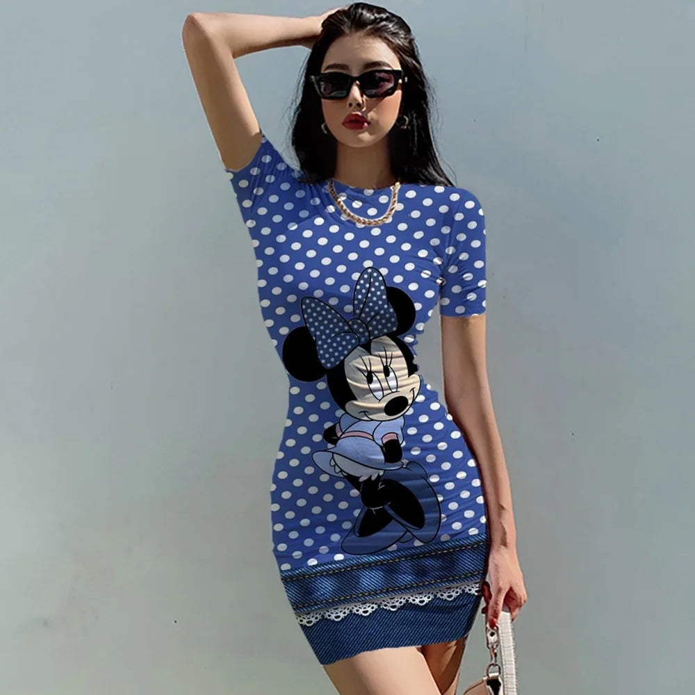 Summer Women  Disney Minnie Mickey Mouse Bag Hip Skinny Mini Dress 2022 Sundress Sexy Bodycon Lady Club Short sleeve Dresses - Seprincess