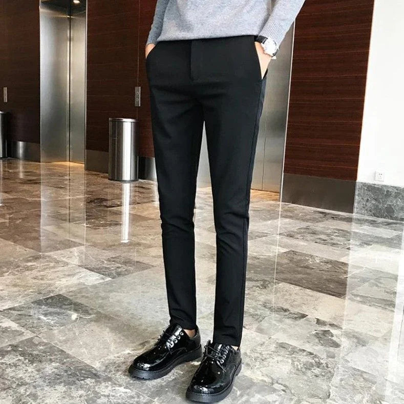 Elastic Business Tressed Male Suit Trousers 9 Cropped Fluid Stretch Social Tailoring Men's Summer Pants Draped Slim Fit Fabric