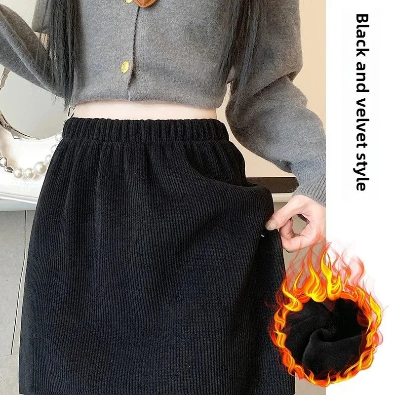 Thickened Fleece-Lined Corduroy Skirt Women's Autumn/Winter 2024 New Medium-Length A- Line Skirt With Side Slit High-Waisted