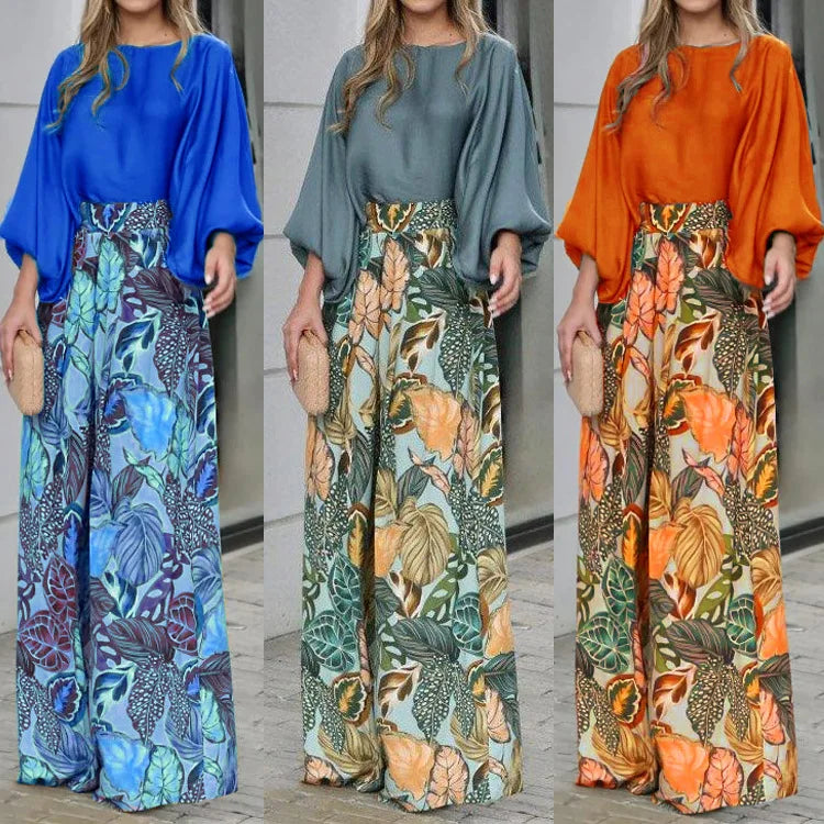 2024 Summer New Women's Clothing Set Lantern Sleeves Loose Top Printed Wide Leg Pants Two Piece Set Casual Ladies Trouser Outfit - Seprincess