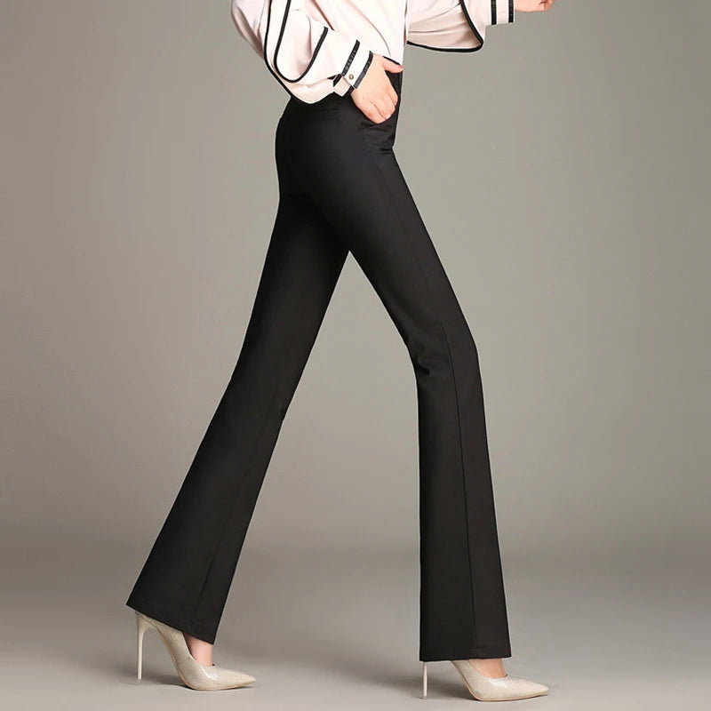 Women Slimming Office Flare Pants High Waist Pure Color Cotton Stretch Casual Big White Black Office Flared Trousers S 3XL 4XL