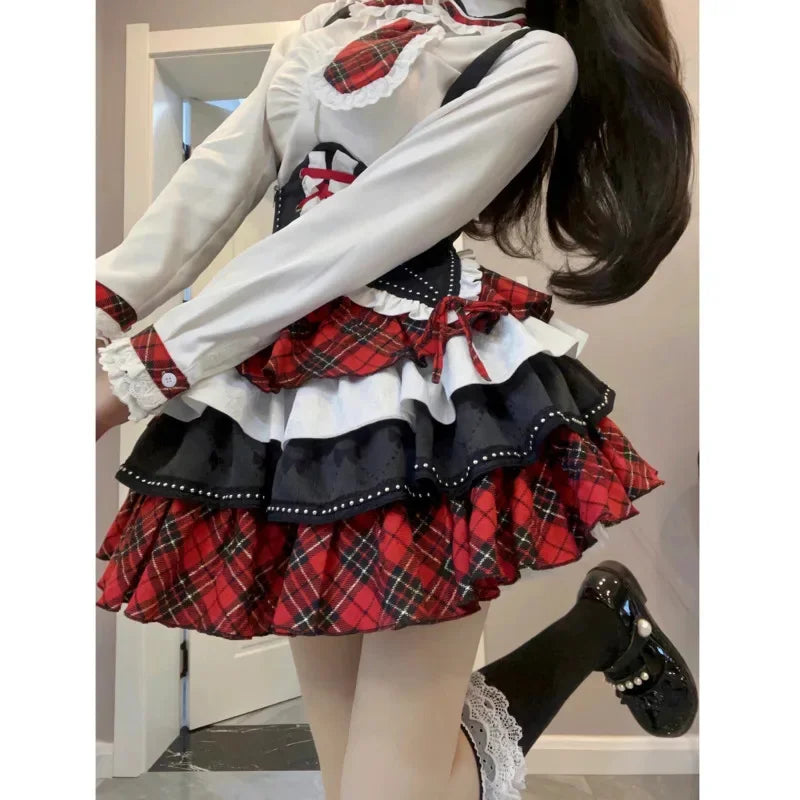 Plaid Patchwork Design Y2k Lolita Dress Sets Halloween Uniform Kawaii Mini Skirt Cosplay Anime Three Pieces Suit For Women - Seprincess