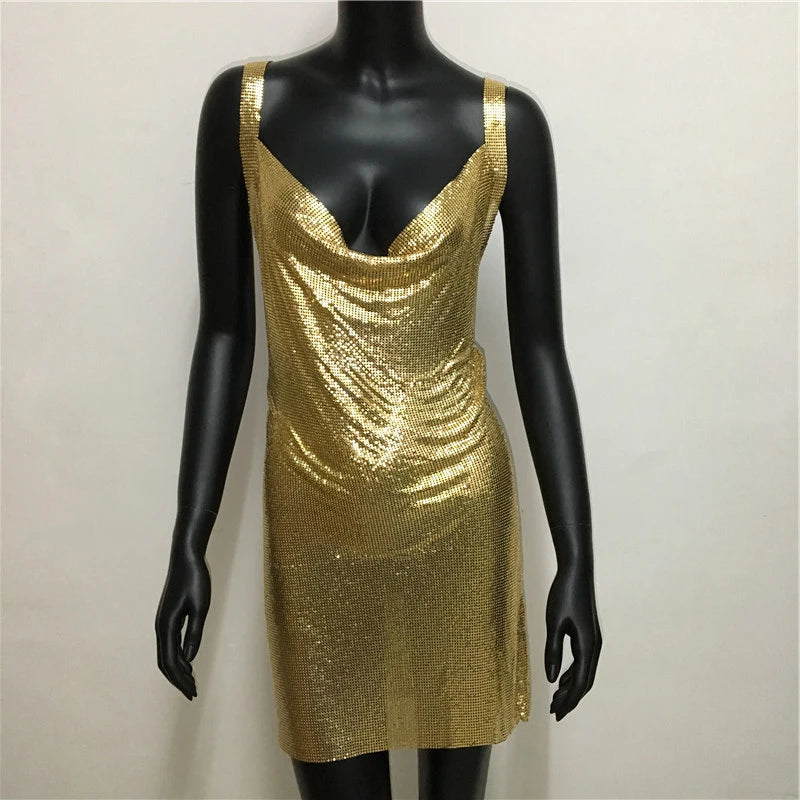 Sexy Metallic Sequin Mini Dress For Women Backless Cocktail Club Glitter Low Cut Halter Dress Rave Party Nightclub Dresses - Seprincess