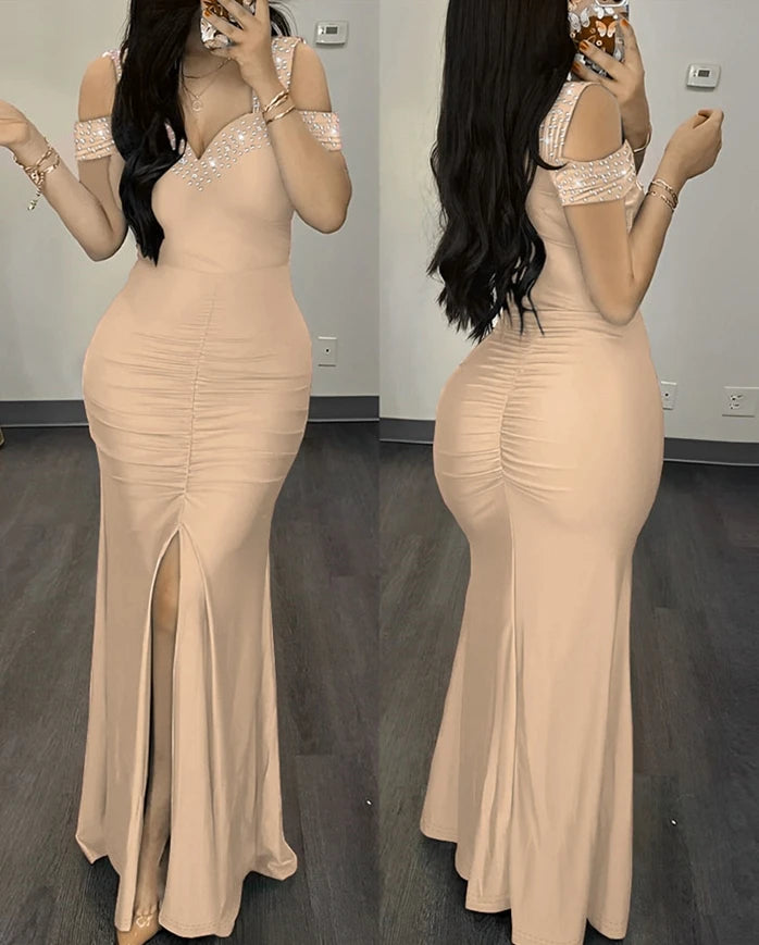 Elegant Evening Party Dresses for Women Rhinestone Cold Shoulder Slit Ruched Party Dress New Fashion 2023 Female Clothing - Seprincess