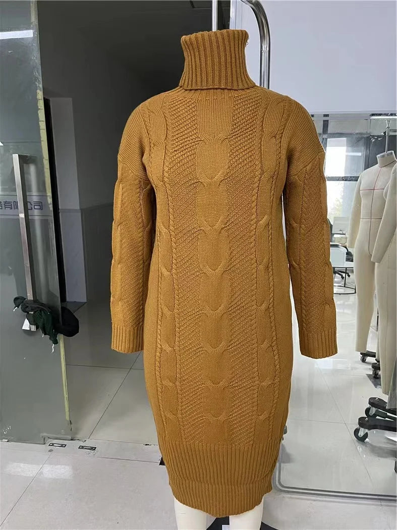 2024 Autumn Winter Solid Color Turtleneck Pullover Women Twisted Loose Knitted Sweater Long Dress Sweater For Female Oversize - Seprincess