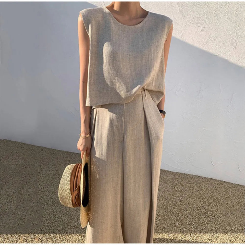 Elegant Cotton linen Women Suit Casual Loose Two-piece Sleeveless Top Wide-leg Pants Outfits Female Summer Solid Elegant Sets - Seprincess