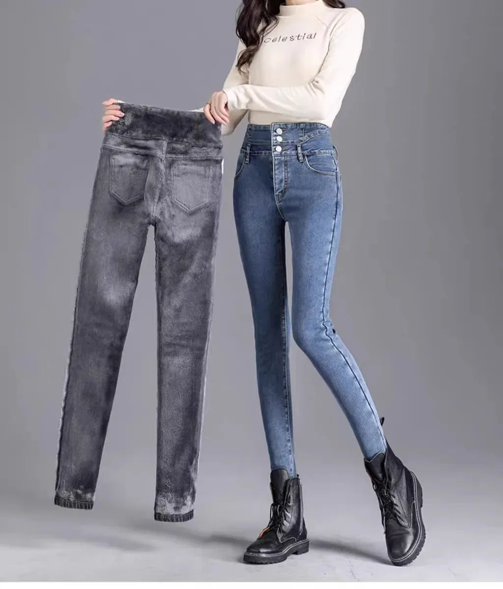 2024 Autumn/Winter New Solid Color Slim Fit Women's Jeans High Waist Buttoned Wool Lined And Thickened Pencil Leggings