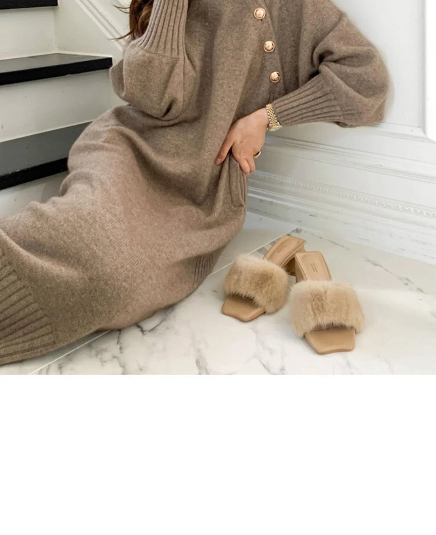 Winter Turtleneck Buttons Women Knitted Dress Elegant Full Sleeve Lace-up Female Thicken Long Dress for Sweater Autumn New