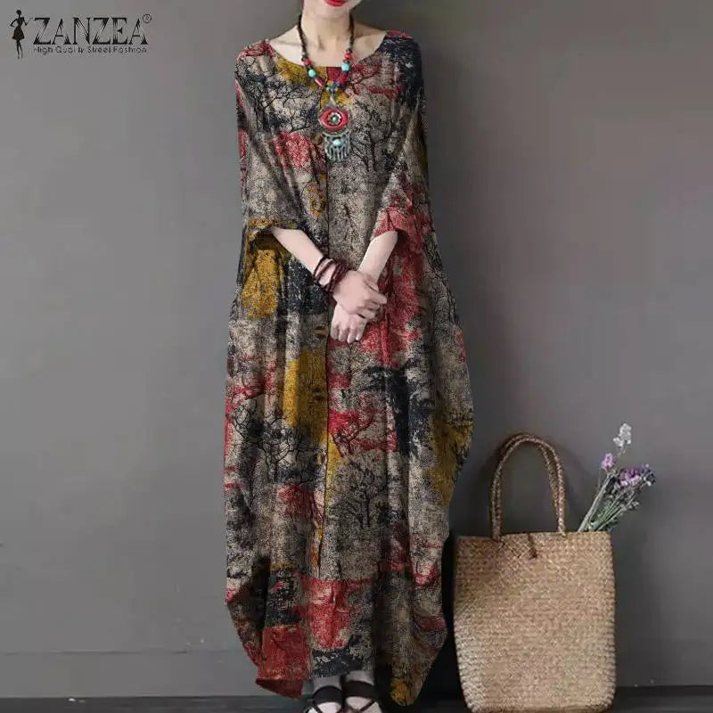 Vintage Printed Dresses ZANZEA Autumn Sundress Women Bohemian Casual Long Sleeve O Neck Dress Elegant Loose Maxi Vestidos Robe - Seprincess