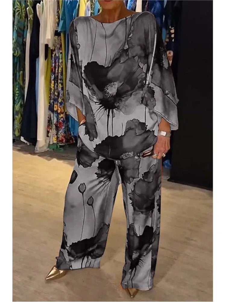 Fashion Satin Random Print Two Piece Set Women Spring Summer Causal Loose Round Neck Top Wide Leg Pants 2 Piece Set outfit Women - Seprincess