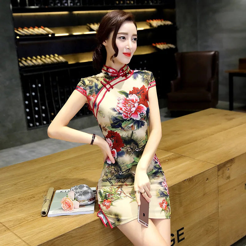 Traditional Chinese Dress Vintage Cheongsam Sexy Short Qipao Print Flower Women Rayon Dresses Classical Vintage Button Vestidos - Seprincess