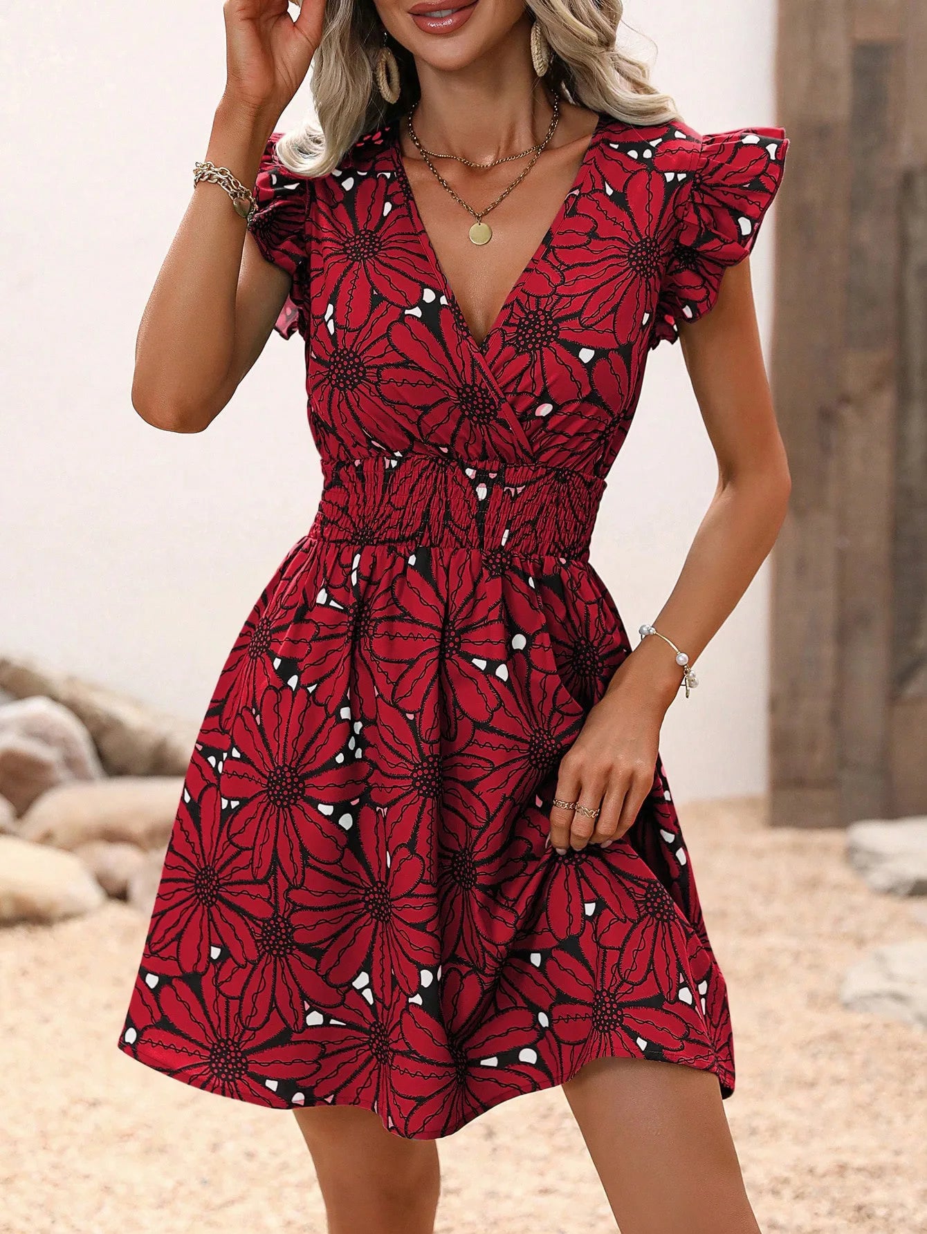 Chic Flower Print Vest A-Line Dress Women Summer V-Neck Mini Skirt Elegant Vacation Dresses - Seprincess