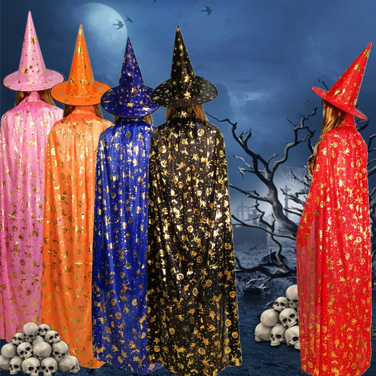 Halloween Costumes Wizard Witch Cloak Cape Robe Cap With Pointy Hat Girls Boys Cosplay Dress Coats For Kids Birthday Party - Seprincess