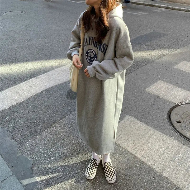 Autumn Winter Women Fleece Thicken Hooded Dress Print Letter Drawstring Korean Fashion Loose Midi Side Slit Oversized Dresses