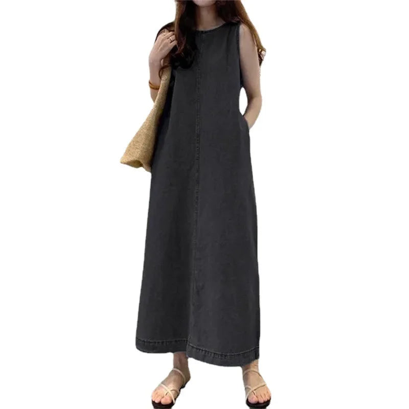 Women's Sleeveless Denim Long Dress Fashionable Round Neck Sleeveless Pocket Denim Skirt Loose Vest Denim Long Dress - Seprincess