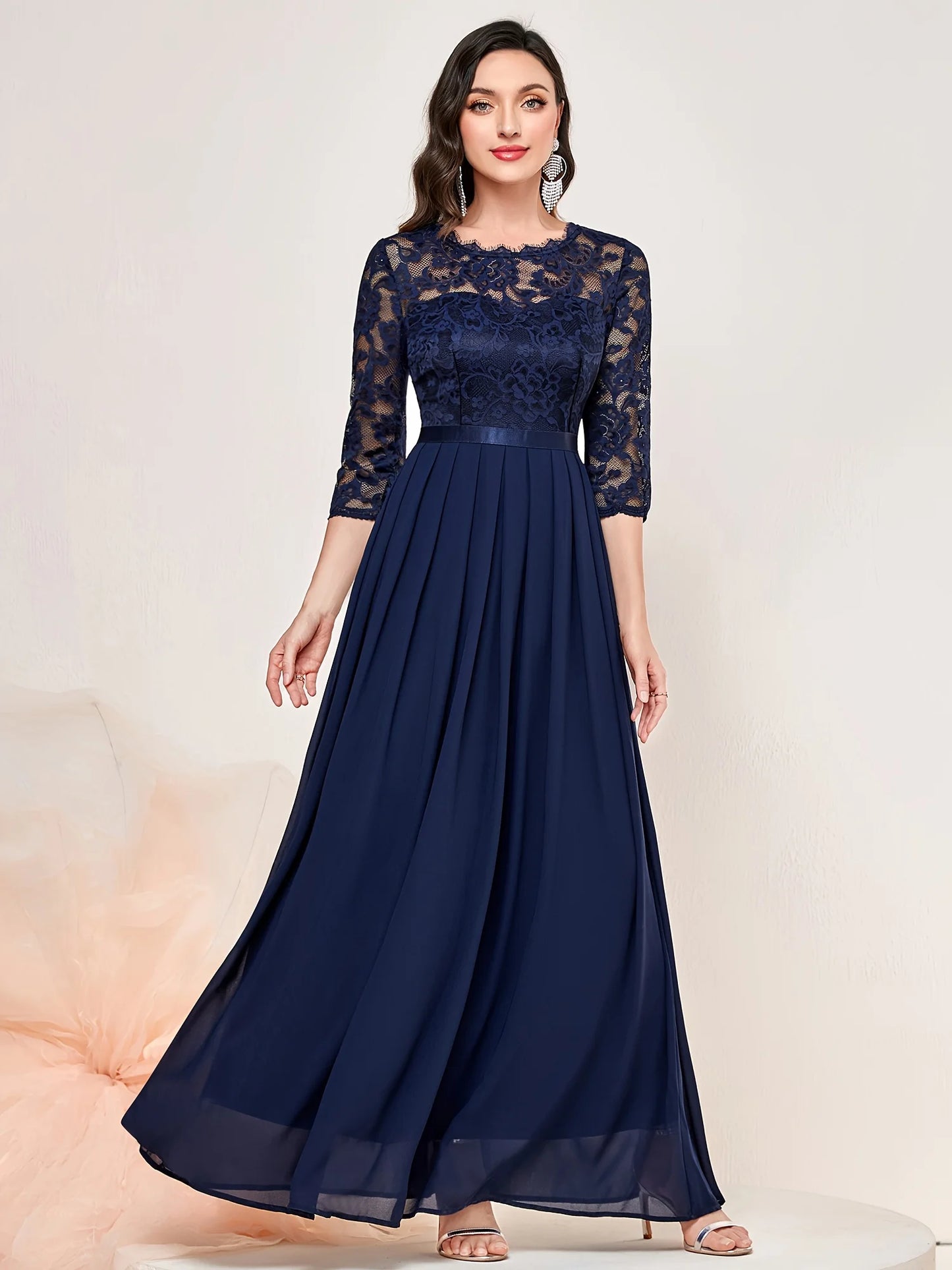 Contrast Lace Pleated Elegant Solid 3/4 Sleeve Party Maxi Formal Evening Dress