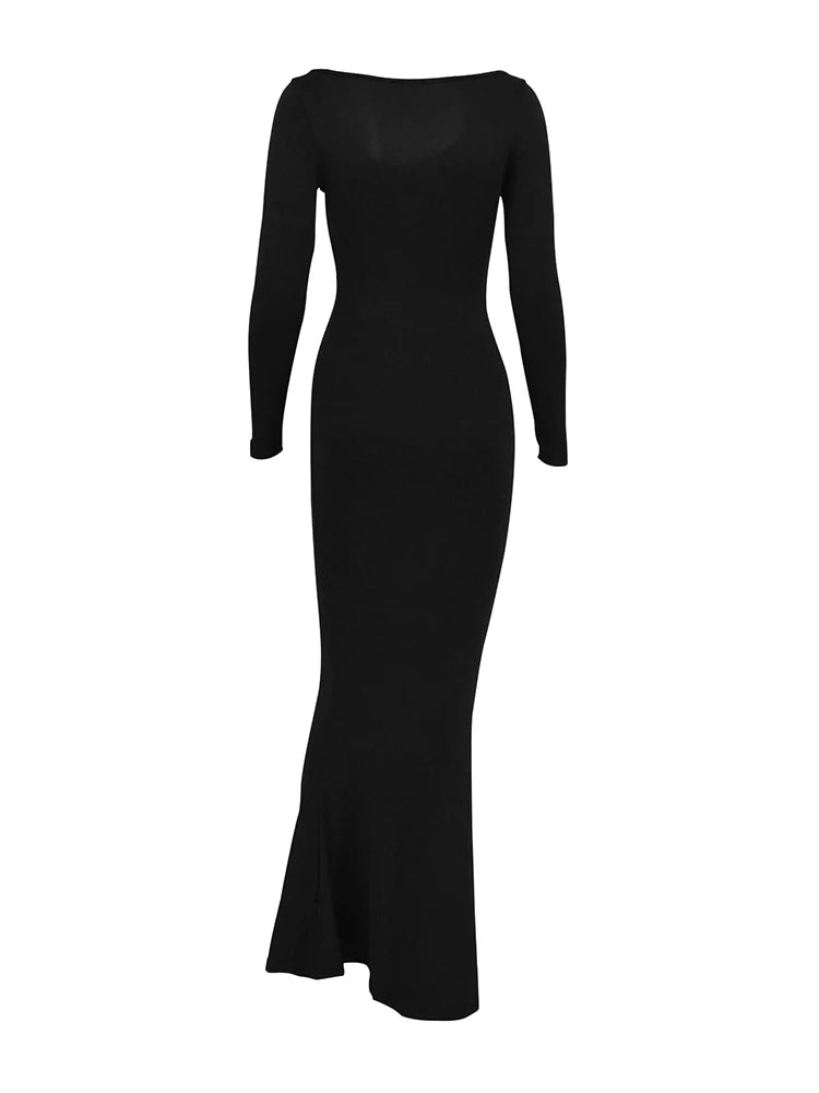 Sexy Maxi Dress For Women Party Black Casual Square Collar Bodycon Solid Long Dress Streetwear Fashion Club Elegant Dresses New - Seprincess