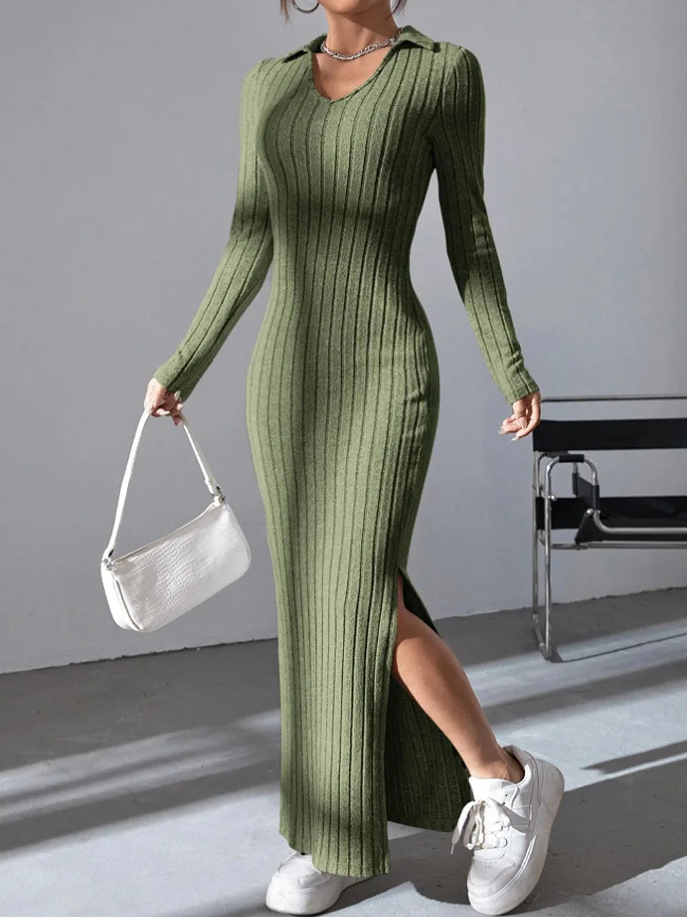 2024 Europe And The United States Autumn And Winter New Knitted Slim-Fit Lapel Long Sleeve Pit Strip Solid Color Tight Dress - Seprincess