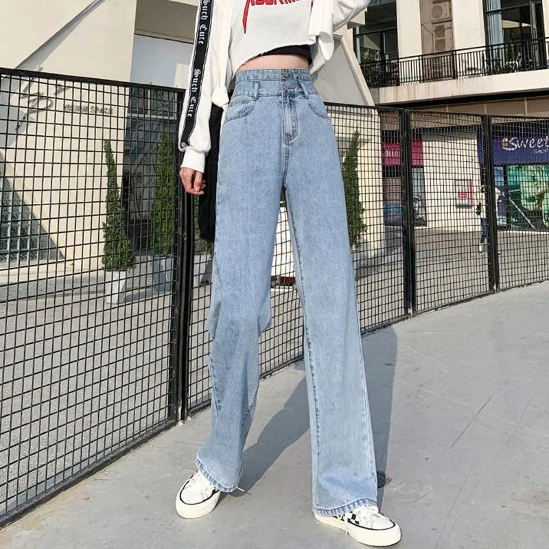 Woman High Waist Wide Leg Jeans Girls Fashion loose Straight Leg Pants Female Streetwear Light Blue Retro Blue Denim Trousers