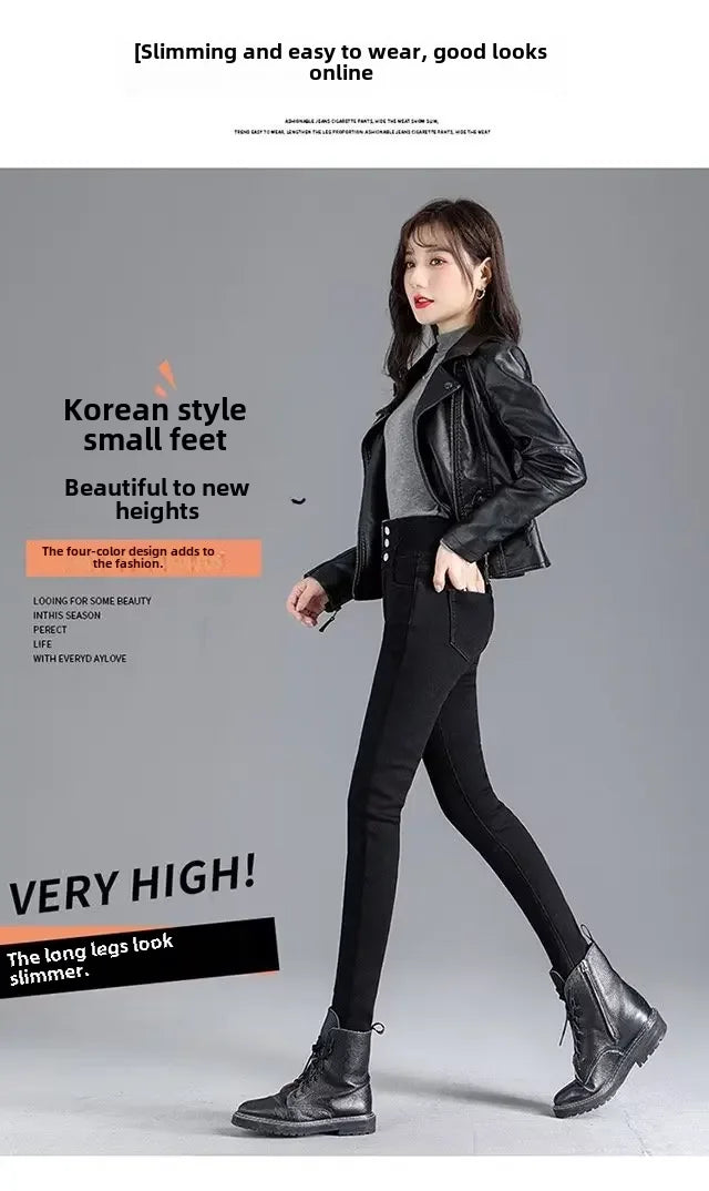 High-waisted Fleece-lined Jeans Women's Winter New Slimming Black Slim Fit Trendy Pencil Leggings