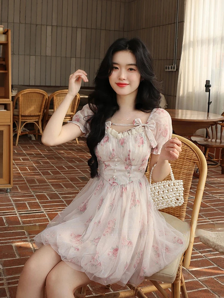 Jielur Lolita Pink Y2k Mini Dress Woman Beach Short Sleeve Floral Dress New Korean Fashion Casual Sweet Short Party Dress Summer - Seprincess