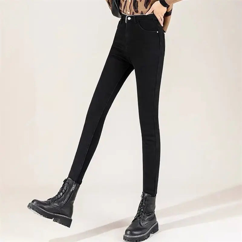 Autumn Winter New Fashion High Waist Button Solid Jeans Women's Clothing Pockets Thicken Casual Warm Simplicity Chic Pencil Pant