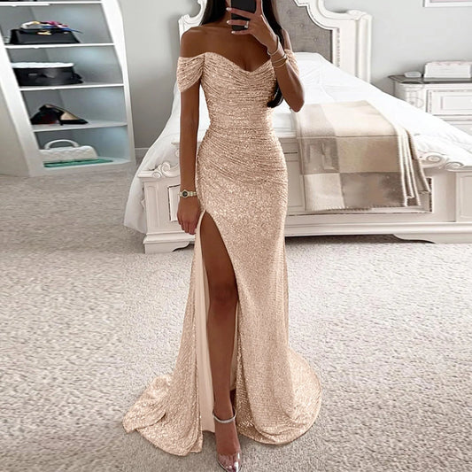 Women's Prom Party Sexy High Slit Dress Sequin Off The Shoulder Long Maxi Dress Short Sleeve Bodycon Elegant Night Dresses - Seprincess