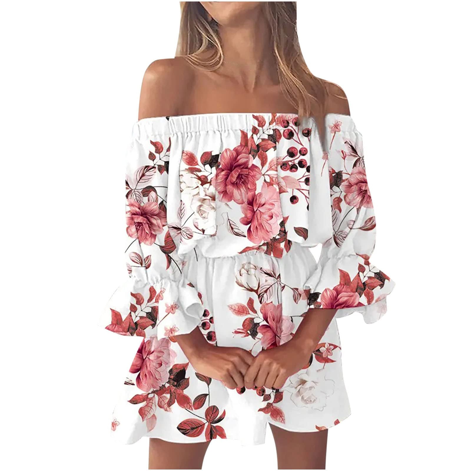 Boho Dresses for Women 2023 Summer Sexy Off Shoulder Floral Print Flare Sleeve Tunic Dress Women Casual Mini Sundress Vestido - Seprincess