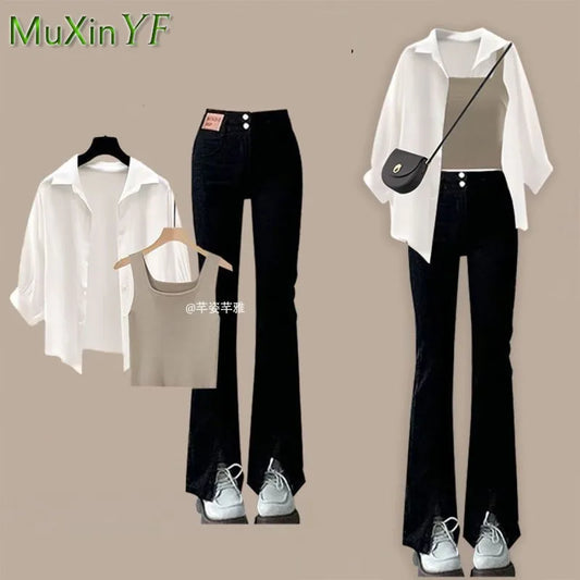 Women's Summer New Denim Pants Matching Set Korean Elegant Sunscreen Shirt+Strap+Casual Jeans Three Piece Female Trousers Suit - Seprincess