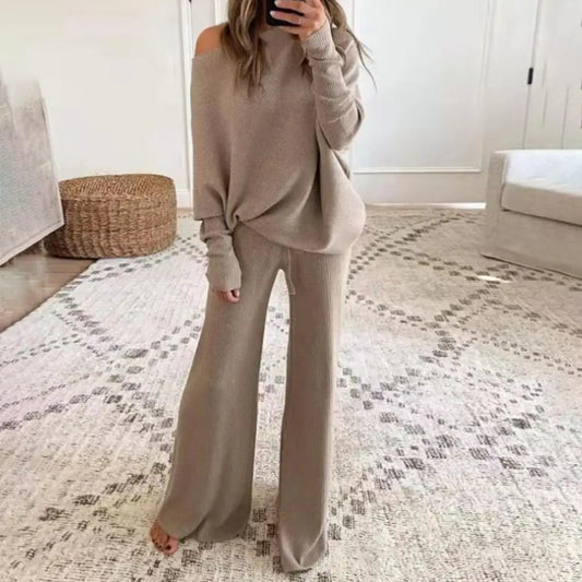 1 Set Pullover Pants Women Outfit Solid Color Drawstring Autumn Winter Slanted Neck Sweatshirt Sweatpants Two-Piece Set - Seprincess