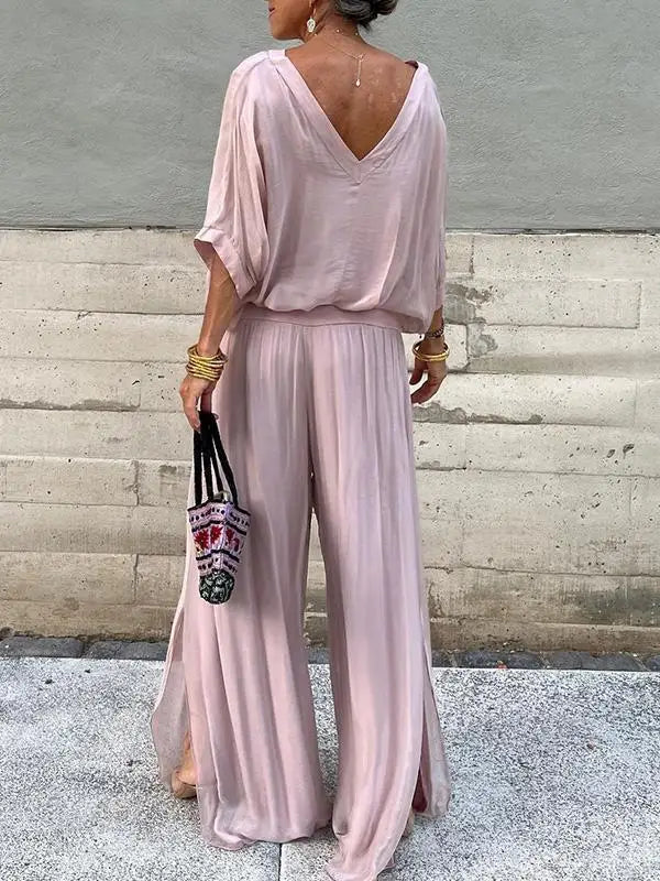 Women's Sexy V-neck Short Sleeved Top And Wide Leg Pants Sets Summer Chiffon Casual Outfits Casual Loose Street Two Piece Sets - Seprincess