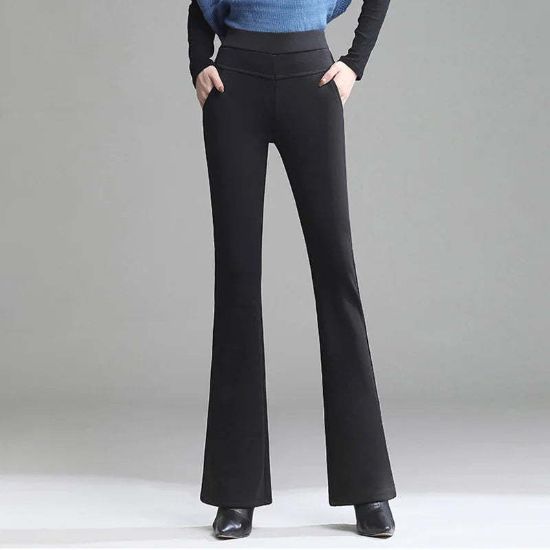 Winter Flared Pants Casual Pants for Women Wide Leg Flare Capris Pants Thck Warm High Waist OL Skinny Pants Women's Trousers