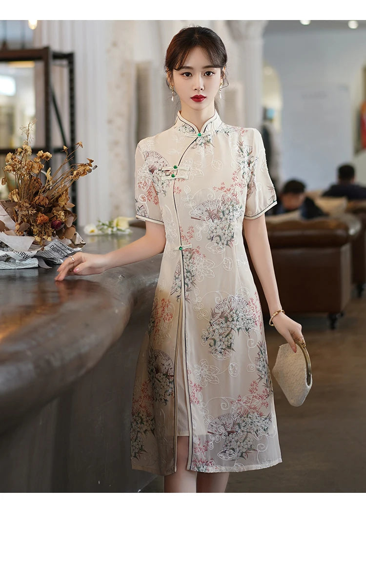 Retro Traditional Chinese Short Sleeve Cheongsam Clothing for Women Summer Modern Elegant Qipao Evening Dress - Seprincess