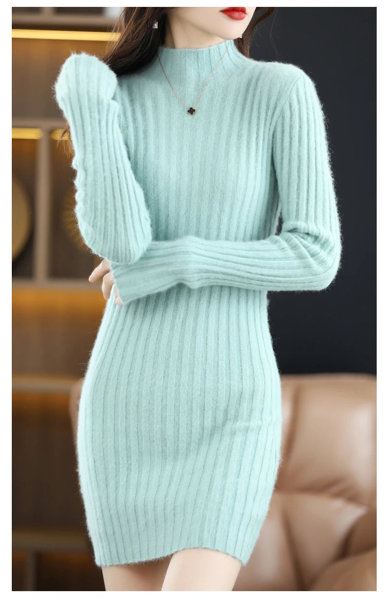 Women's High Collar Winter Warm Long Sleeve Solid Mink Cashmere Korean Version Loose Luxury Soft Cashmere Knitted Fit Dress - Seprincess