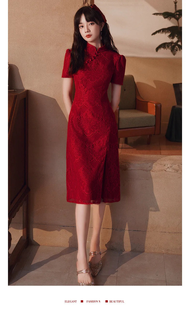 Chinese Style Red Lace Short Sleeve Cheongsam Slim Dress Elegant Traditional Evening Dresses Qipao - Seprincess