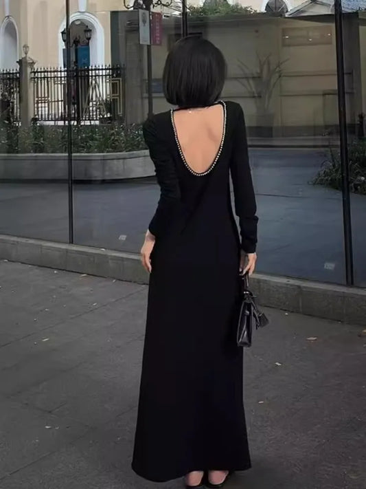 Black Design Backless Dress For Women's Autumn And Winter New Style, High-End Nail Bead Chic Elegant Dress - Seprincess