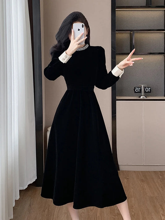 High Quality Fall Winter French Hepburn Velvet Evening Midi Dress Fashion Women Diamond Collar Black A Line Office Party Dress - Seprincess