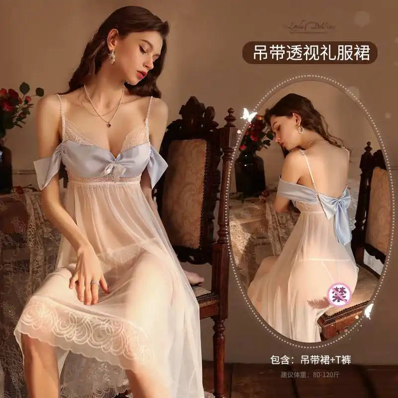 New Design Women's Sexy Spaghetti Strap Transparent Lingerie Dress Lady Honeymoon Fliter Long Sleepdress Goodness Nightgown - Seprincess