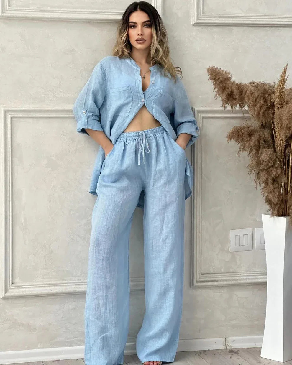 Spring Autumn Two Piece Sets 2024 Women Casual Long Sleeve Pocket Shirts 2 Piece Set Fashion Loose Wide Leg Pants Suit Outfites - Seprincess