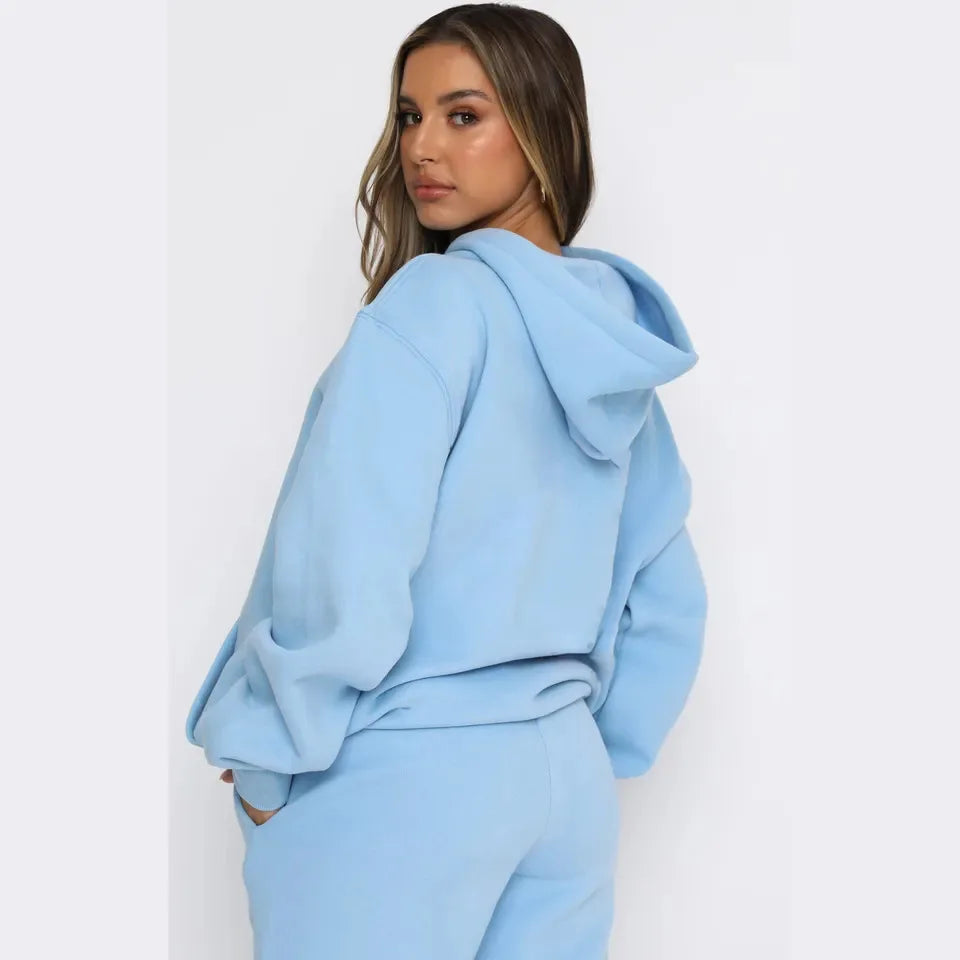 Women Two Piece Sets Tracksuit outfit Hooded Sweatshirts Pocket Drawstring Long Pants Suit Thick Casual Office Lady Autumn - Seprincess