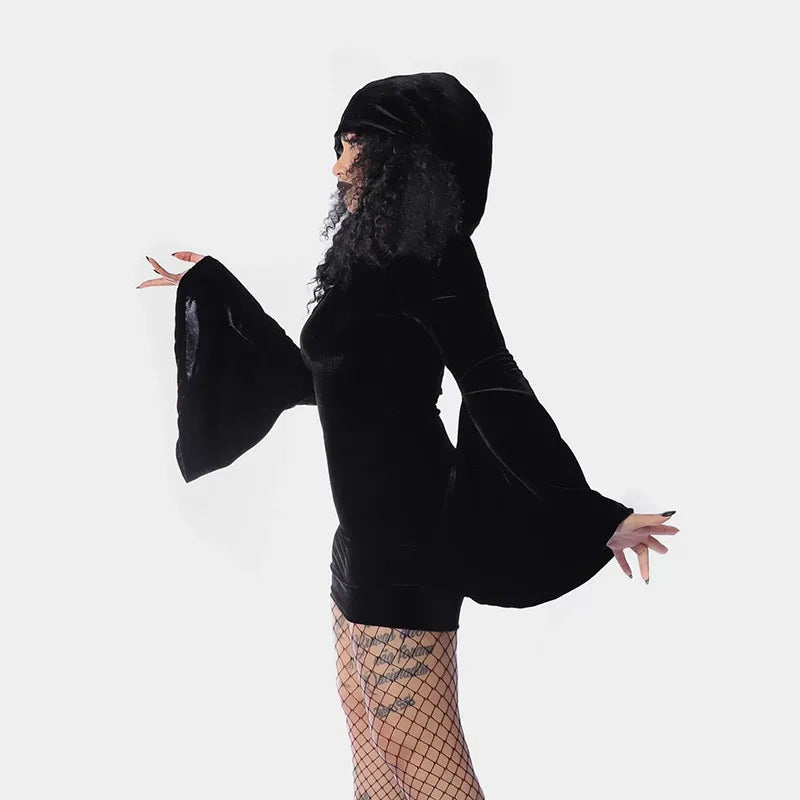 Women Halloween Witch Cosplay Costumes Long Sleeve Black Hooded Bodycon Mini Dresses Gothic Goth Short Dress for Party - Seprincess