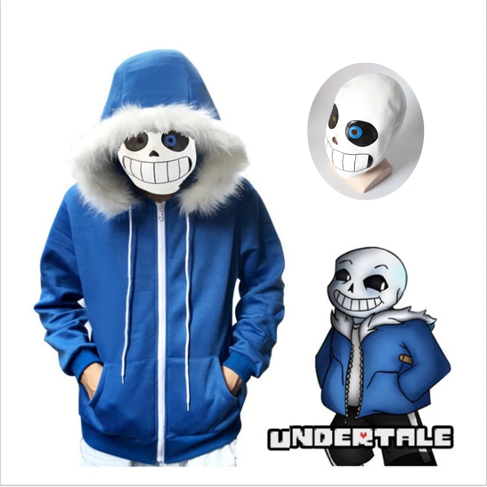 Undertale Sans Skeletons Cosplay Blue Hoodies Mask Bones Cos Blue Coat Halloween Cosplay Costume Unisex Cute Jacket Headgear - Seprincess