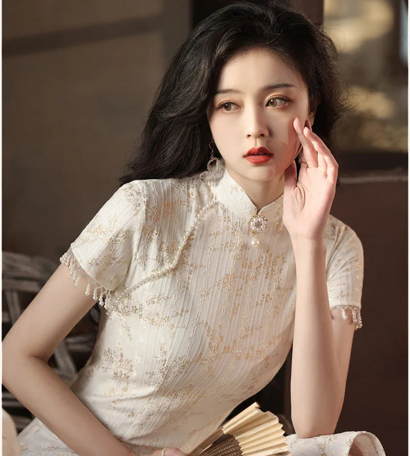 Women Summer Lace Gold Cheongsam Dress New French Style Wedding Evening Dress Vintage Female Tassels Sleeve Qipao S To 3XXL - Seprincess