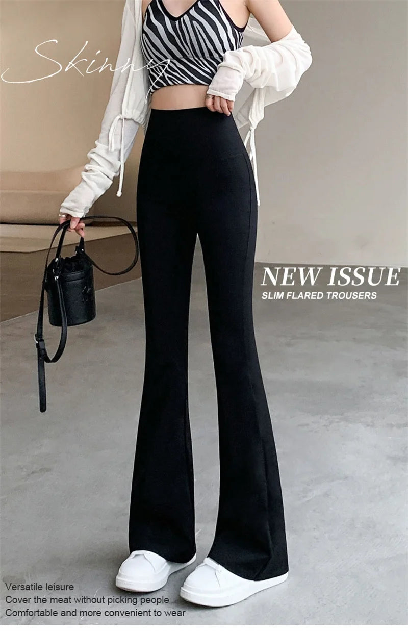 Women High Waist Flare Pants Winter Plush Warm Skinny Slimming Micro Horn Trousers Shark Pant Elegant Office Ladies Tights Y2k