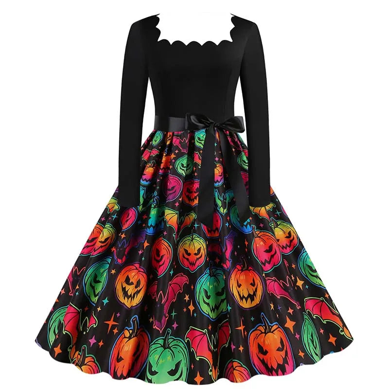 Halloween Dress For Women Square Collar Long Sleeve Print Vintage Evening Party Elegant 50s 60s Robe Midi Sundress - Seprincess